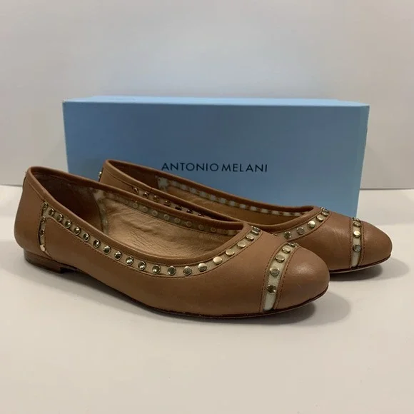 Ballet Flats "Lannce" Antonio Melani Women's 7.5M Brown Gold Studs Y2K - Picture 1 of 5